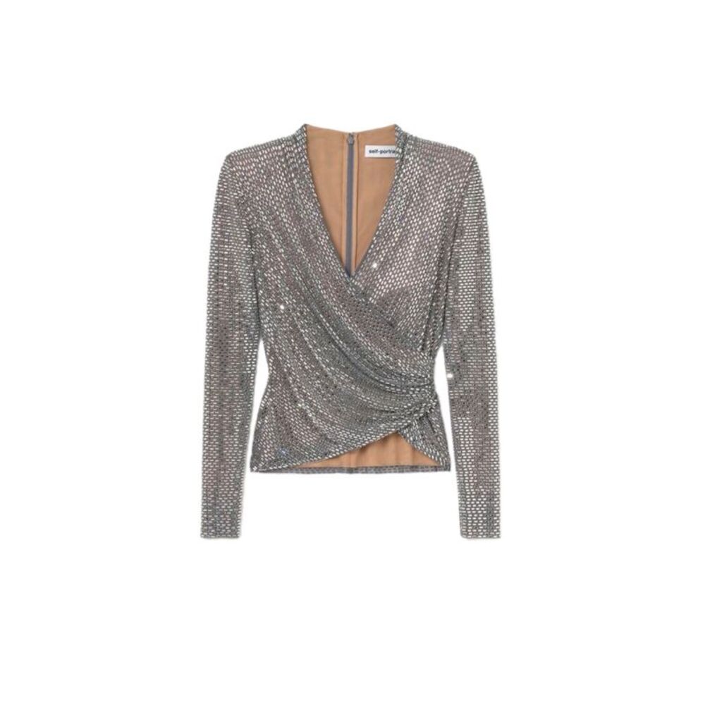 Self-Portrait Women Rhinestone Mesh Wrap Top